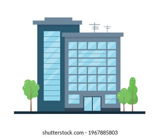 Modern city building exterior. Facade of Office center or business house. Vector illustration in flat style.