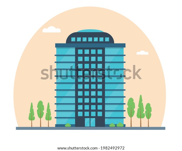 Modern city\
building exterior. Facade of office house or business cener. Vector\
icon illustration in flat\
style.