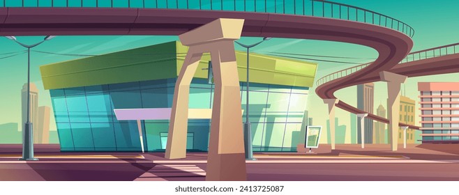 Modern city building and flyover road. Vector cartoon illustration of glass shopping mall entrance, overpass highway, cityscape background with skyscrapers, zebra crossing sign on asphalt, power lines