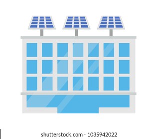 Modern city building isolated on bright backdrop, house with lot of blue windows and modern sun batteries on roof, many reflections, future technology