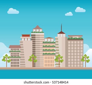 Modern city building on the background of the day time sky and clouds, flat design vector illustration