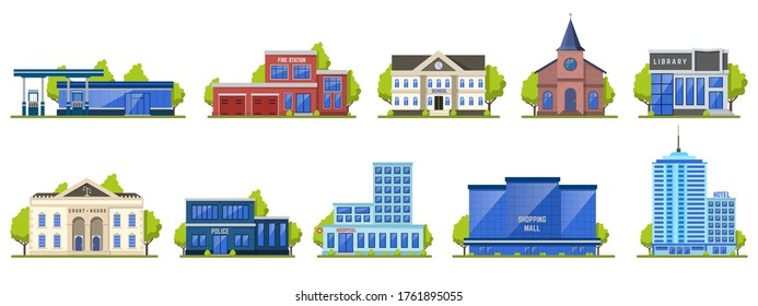 Modern city building. Public contemporary shopping center exterior, school facade, hotel and fire station vector illustration icons. Contemporary structure town, library municipal illustration