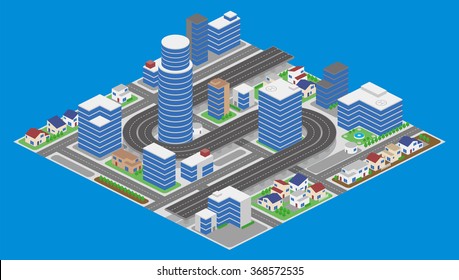 Modern City And Building, Road And Overhead Highway, Vector Illustration