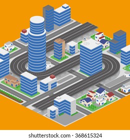 modern city and building, road and overhead highway, vector illustration