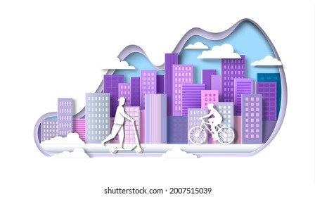 Modern city building silhouettes. Young man riding electric kick scooter, woman riding bicycle on the street, vector illustration in paper art style. Modern vehicle, eco city transport.