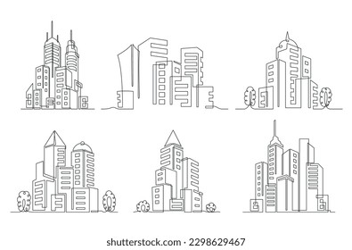 Modern city building skyscraper metropolis downtown continuous one line set isometric vector illustration. Cityscape contemporary town skyline architecture residential apartment office build exterior