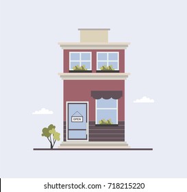 Modern City Building With Two Floors, Large Windows With Plants Growing Outside And Glass Door With Open Sign Board. Small Convenience Store Or Local Shop. Bright Colored Flat Vector Illustration.