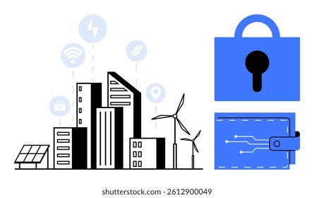 Modern city buildings connected with icons for renewable energy and technology. Wind turbines, solar panels, and security elements like a lock and digital wallet. Ideal for themes Smart Cities