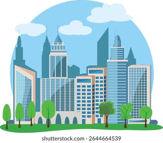 Modern city buildings design, flat cartoon element