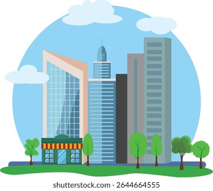 Modern city buildings design, flat cartoon element