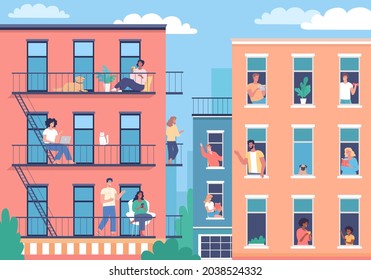 Edificios urbanos modernos y gente de barrio feliz. Ilustración de dibujos animados de vectores callejeros urbanos  Vector de stock