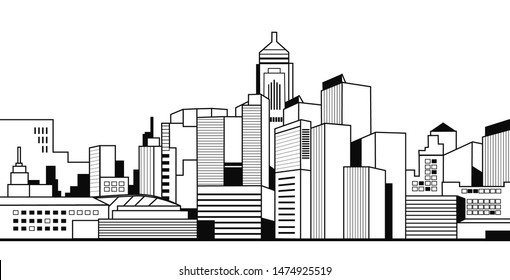 modern city buildings high skyscrapers view cityscape skyline background urban life thin line style horizontal