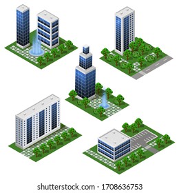 Modern City Buildings. Isometric set of isolated modules in flat style. Big houses and office buildings, street and outdoor park. For urban cityscapes and metropolis  background. Vector illustration