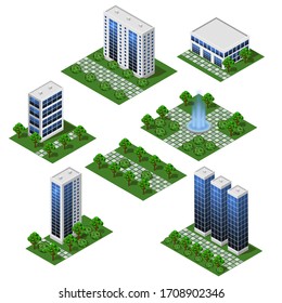 Modern City Buildings. Isometric set of isolated modules in flat style. Big houses and office buildings, street and outdoor park. For urban cityscapes and metropolis  background. Vector illustration