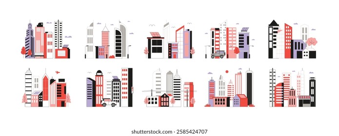 Modern city buildings are neatly built close to residential areas, vector illustration.