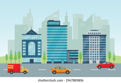 Modern city buildings on city street. Urban landscape with road and cars. Facades of skyscapes and office business houses. Vector illustration in flat style.