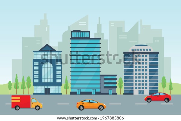 Modern city buildings on city\
street. Urban landscape with road and cars. Facades of skyscapes\
and office business houses. Vector illustration in flat\
style.