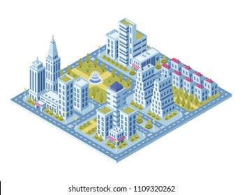 Modern city buildings, police station, road with cars and supermarket, museum building. Town lofts gray home apartments vector 3d isometric flat exterior street set