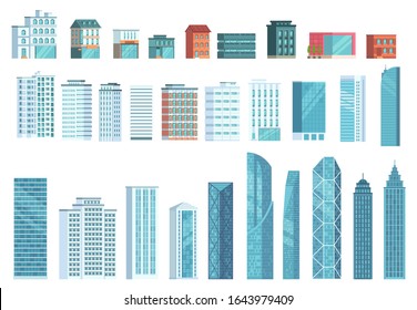 Modern city buildings. City skyscraper building, town houses, business office skyscrapers vector illustration set. Bundle of urban facades, exteriors. Megalopolis downtown architecture, real estate.