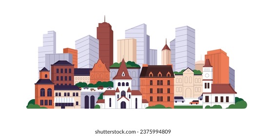 Modern city buildings, skyscrapers behind old houses. Low and high-rise houses in downtown. Cityscape, big and small urban constructions. Flat graphic vector illustration isolated on white background