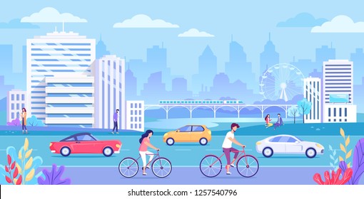 Modern city buildings, transport and people vector illustration