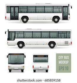 Modern City Bus Realistic Advertising Template Side View Front And Rear On White Background Isolated Vector Illustration