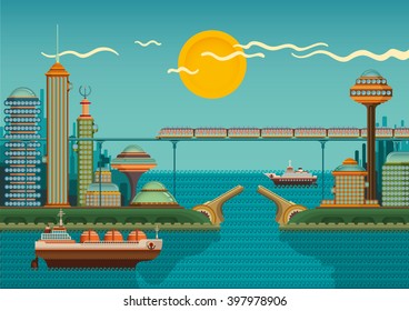 Modern city by the sea. Vector illustration.