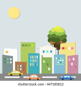 Modern City With Cars And Colorful Houses. Healthy Living Concept.