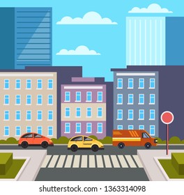 Modern city with cars on road. Vector flat cartoon design graphic illustration