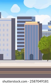 Modern city center with scyscrappers, business buildings, residential houses, sidewalk, trees, road, clouds and  blue sky. Architecture of megalopolis. Vector illustration. Not AI generated