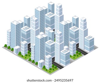 Modern city center with skyscrapers, roads and trees is rendered in an isometric view