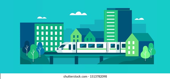 
Modern city center with train, buildings and private houses. Subway train rides at railway station. Urban minimal geometric landscape. Cityscape scene. Flat cartoon vector illustration.