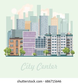 Modern city center vector illustration in flat design.