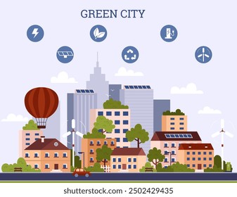 A modern city combining home landscaping and wind energy. Vector illustration with green trees, grass and eco-icons of electricity, solar panels and recycling