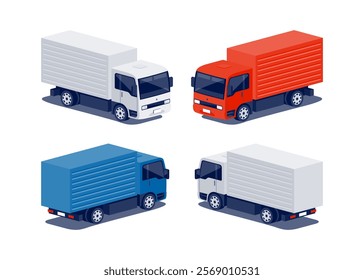 Modern city compact box truck with separate cab and cargo area. Small medium size cube vehicle for urban delivery. Light duty fleet transport. Car isolated vector on white in isometric dimetric style.