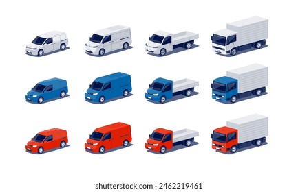 Modern city compact cargo cars. Minivan small size lorry commercial vehicles for urban delivery. Light duty corporate fleet transport. Box truck isolated vector on white in isometric dimetric style.