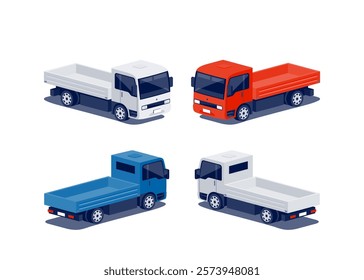 Modern city compact flatbed truck with separate cab and cargo area. Small medium size deck bed vehicle for urban delivery. Light duty fleet transport. Car isolated vector on white in dimetric style.