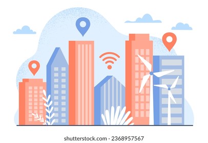 Modern city concept. Red and blue skyscrapers with wireless connection and geolocation. Modern technologies and innovations. Panorama and landscape. Cartoon flat vector illustration
