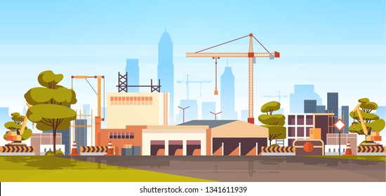 modern city construction site tower cranes building residential buildings cityscape skyline background flat horizontal banner