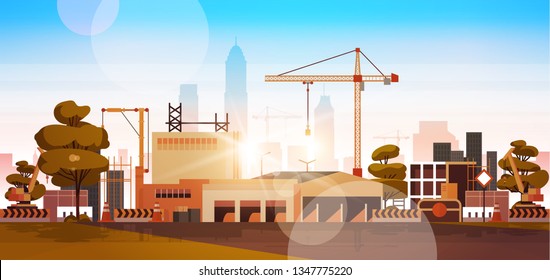 modern city construction site tower cranes building residential buildings cityscape sunset skyline background flat horizontal banner