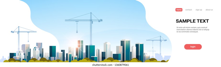 modern city construction site tower cranes building residential buildings cityscape sunset skyline background flat horizontal banner copy space