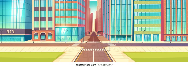 Modern city crossroads, streets crossing cartoon vector with two-lane road, traffic lights, sidewalks, green lawns near skyscrapers buildings with stores glass showcases illustration. Urban cityscape