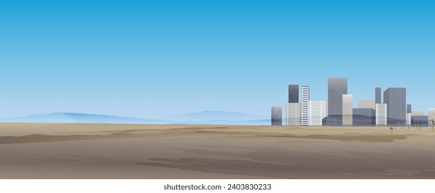 Ciudad moderna en el desierto. Diseño de vectores. Banner vertical. Resumen mínimo de fondo. Arte vectorial texturado de color de agua. 