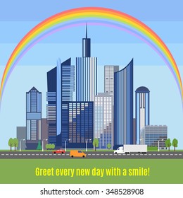 Modern city with developed infrastructure. Flat style skyscrapers. Ecologically clean city with a rainbow over the buildings. Save the environment together. Protection from air pollution. Vector