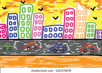 modern city digital art painting, drawing by kid
