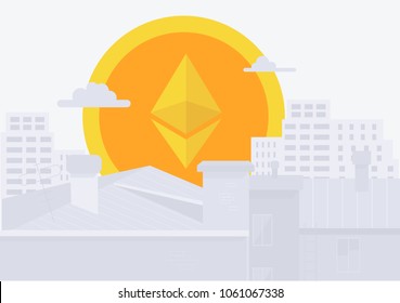Modern City, and digital payment. Etherium icon rises up like sun in city. Vector flat style illustration