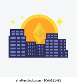Modern City, and digital payment.Etherium icon rises up like sun in city. Vector flat style illustration
