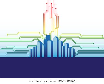 modern city with digital technology circuit line background illustration vector design