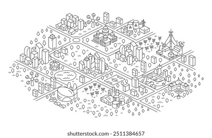 Modern city district map with Contour Lines. Vector editable outline line stroke.