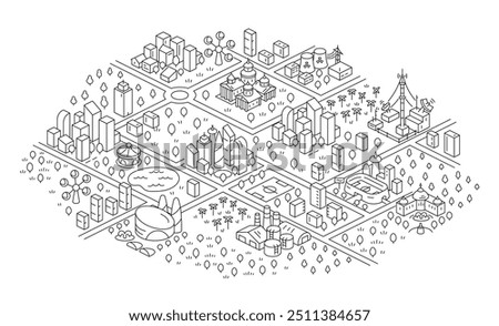 Modern city district map with Contour Lines. Vector editable outline line stroke.